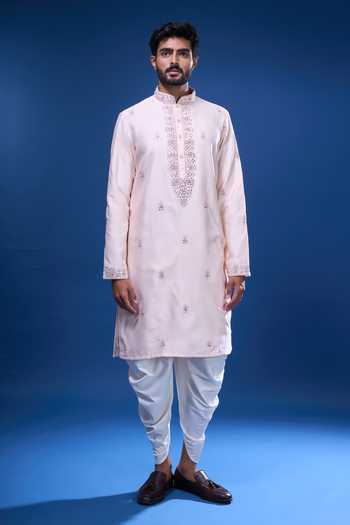 Shop Arihant Rai Sinha Pink Silk Embroidery, Mirrors Floral And Work Kurta Pant Set Online at Aza Fashions Shop_Arihant Rai Sinha_Pink Silk Embroidery, Mirrors Floral And Work Kurta Pant Set _Online_at_Aza_Fashions