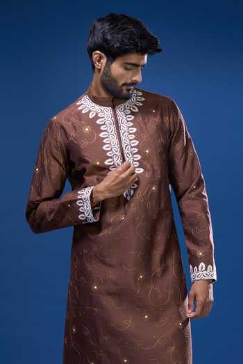 Buy_Arihant Rai Sinha_Brown Silk Embroidery, Mirrors Flora Kurta Pant Set _Online_at_Aza_Fashions