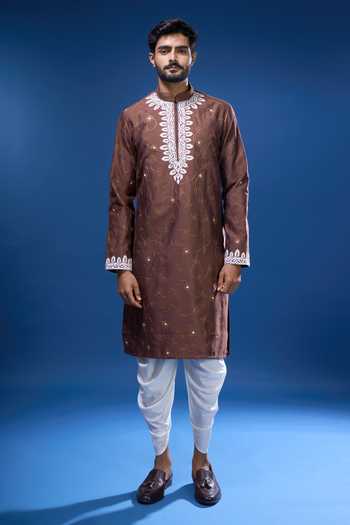 Shop_Arihant Rai Sinha_Brown Silk Embroidery, Mirrors Flora Kurta Pant Set _Online_at_Aza_Fashions