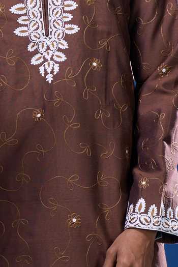 Arihant Rai Sinha_Brown Silk Embroidery, Mirrors Flora Kurta Pant Set _at_Aza_Fashions