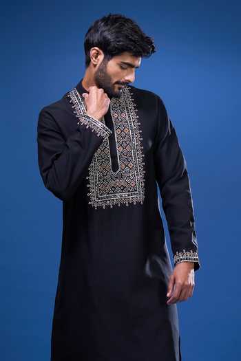 Arihant Rai Sinha Black Silk Embroidery Geometric Kurta Pant Set Online at Aza Fashions Arihant Rai Sinha_Black Silk Embroidery Geometric Kurta Pant Set _Online_at_Aza_Fashions