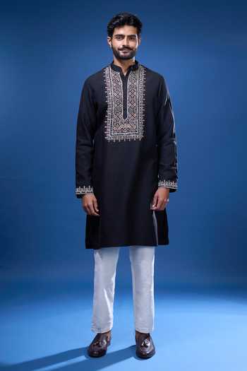 Shop Arihant Rai Sinha Black Silk Embroidery Geometric Kurta Pant Set Online at Aza Fashions Shop_Arihant Rai Sinha_Black Silk Embroidery Geometric Kurta Pant Set _Online_at_Aza_Fashions
