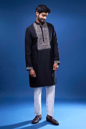 Buy Arihant Rai Sinha Black Silk Embroidery Geometric Kurta Pant Set at Aza Fashions Buy_Arihant Rai Sinha_Black Silk Embroidery Geometric Kurta Pant Set _at_Aza_Fashions