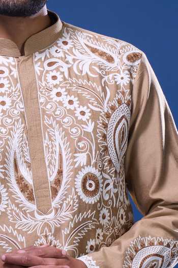 Arihant Rai Sinha Beige Silk Embroidery Garden Kurta Pant Set at Aza Fashions Arihant Rai Sinha_Beige Silk Embroidery Garden Kurta Pant Set _at_Aza_Fashions