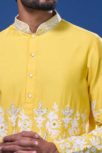 Buy Arihant Rai Sinha Yellow Silk Embroidery, Mirrors Floral And Work Kurta Pant Set Online at Aza Fashions Buy_Arihant Rai Sinha_Yellow Silk Embroidery, Mirrors Floral And Work Kurta Pant Set _Online_at_Aza_Fashions