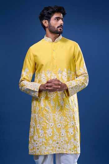 Shop Arihant Rai Sinha Yellow Silk Embroidery, Mirrors Floral And Work Kurta Pant Set Online at Aza Fashions Shop_Arihant Rai Sinha_Yellow Silk Embroidery, Mirrors Floral And Work Kurta Pant Set _Online_at_Aza_Fashions