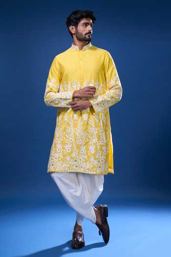 Arihant Rai Sinha Yellow Silk Embroidery, Mirrors Floral And Work Kurta Pant Set at Aza Fashions Arihant Rai Sinha_Yellow Silk Embroidery, Mirrors Floral And Work Kurta Pant Set _at_Aza_Fashions