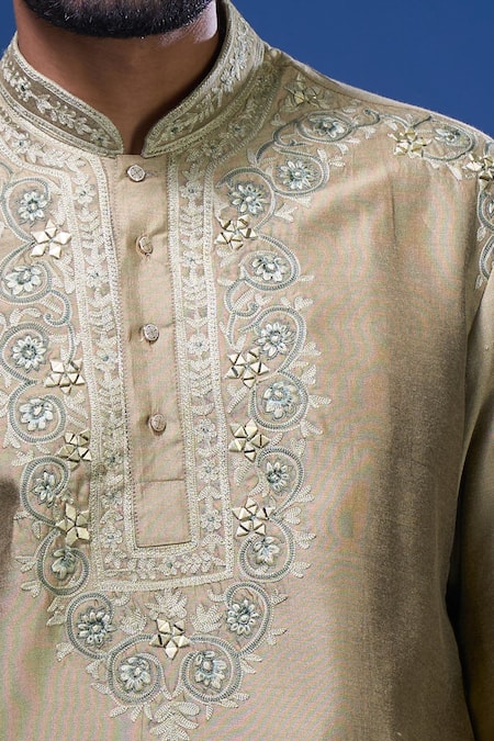 Buy_Arihant Rai Sinha_Brown Silk Embroidery Floral And Mirror Work Kurta Pant Set _Online_at_Aza_Fashions