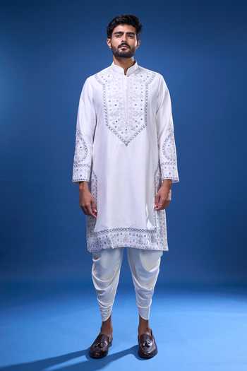 Arihant Rai Sinha White Silk Embroidery, Mirrors Floral And Work Kurta Pant Set Online at Aza Fashions Arihant Rai Sinha_White Silk Embroidery, Mirrors Floral And Work Kurta Pant Set _Online_at_Aza_Fashions