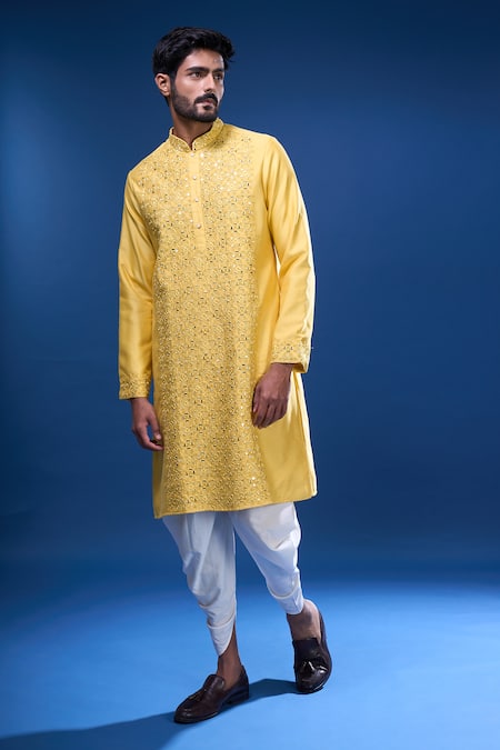 Arihant Rai Sinha Yellow Silk Mirrors, Embroidery Work Kurta Patiala Pant Set 