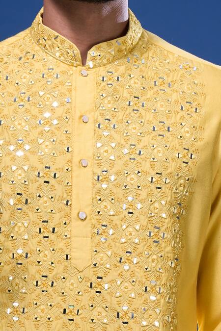Shop Arihant Rai Sinha Yellow Silk Mirrors, Embroidery Work Kurta Patiala Pant Set Online at Aza Fashions Shop_Arihant Rai Sinha_Yellow Silk Mirrors, Embroidery Work Kurta Patiala Pant Set _Online_at_Aza_Fashions