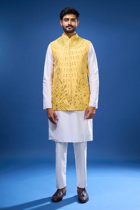 Arihant Rai Sinha Yellow Silk Embroidery, Stones Bloom Bundi And Kurta Set Online at Aza Fashions Arihant Rai Sinha_Yellow Silk Embroidery, Stones Bloom Bundi And Kurta Set _Online_at_Aza_Fashions