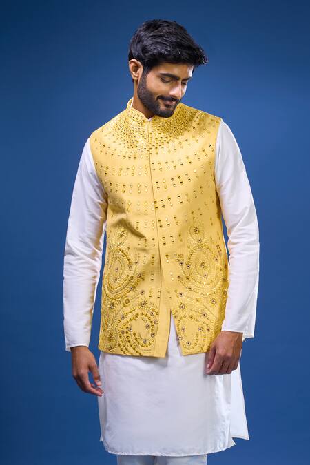Shop Arihant Rai Sinha Yellow Silk Embroidery, Stones Bloom Bundi And Kurta Set Online at Aza Fashions Shop_Arihant Rai Sinha_Yellow Silk Embroidery, Stones Bloom Bundi And Kurta Set _Online_at_Aza_Fashions