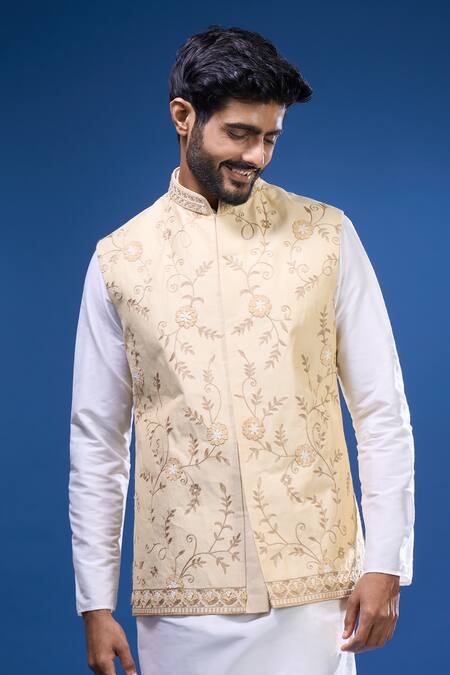 Shop Arihant Rai Sinha Beige Silk Embroidery Garden Bundi And Kurta Set Online at Aza Fashions Shop_Arihant Rai Sinha_Beige Silk Embroidery Garden Bundi And Kurta Set _Online_at_Aza_Fashions