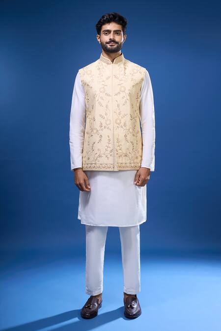 Arihant Rai Sinha Beige Silk Embroidery Garden Bundi And Kurta Set at Aza Fashions Arihant Rai Sinha_Beige Silk Embroidery Garden Bundi And Kurta Set _at_Aza_Fashions