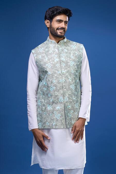 Shop_Arihant Rai Sinha_Gray Silk Embroidery Bloom Bundi And Kurta Set _Online_at_Aza_Fashions