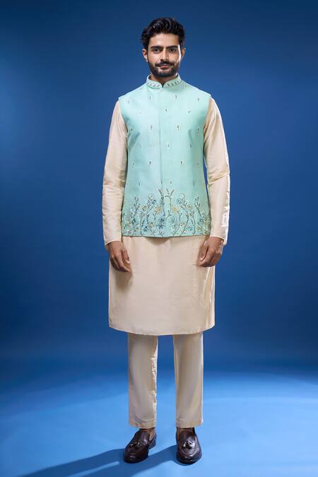 Shop Arihant Rai Sinha Aqua Silk Embroidery Floral Bundi And Kurta Set Online at Aza Fashions Shop_Arihant Rai Sinha_Aqua Silk Embroidery Floral Bundi And Kurta Set _Online_at_Aza_Fashions