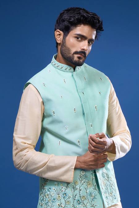 Arihant Rai Sinha Aqua Silk Embroidery Floral Bundi And Kurta Set at Aza Fashions Arihant Rai Sinha_Aqua Silk Embroidery Floral Bundi And Kurta Set _at_Aza_Fashions