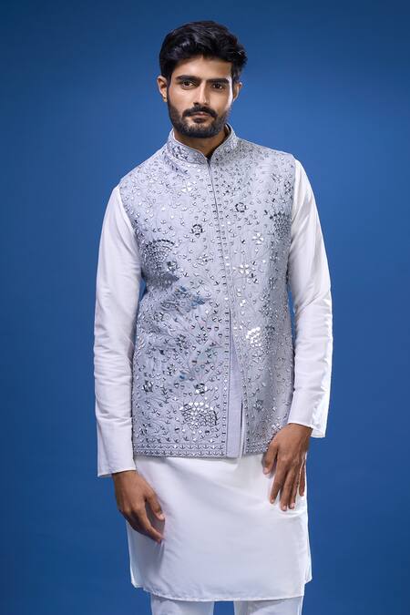 Buy_Arihant Rai Sinha_Gray Silk Embroidery, Mirrors Bloom Bundi And Kurta Set _Online_at_Aza_Fashions