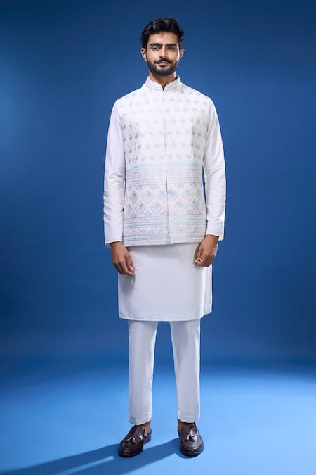 Buy_Arihant Rai Sinha_Cream Silk Embroidery Floral Bundi And Kurta Set _Online_at_Aza_Fashions
