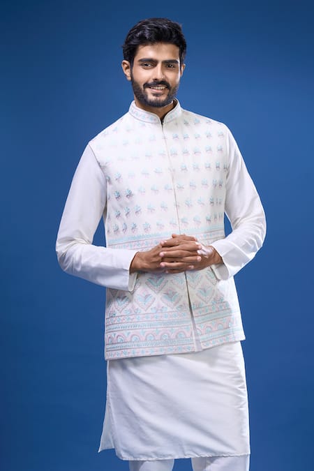 Shop_Arihant Rai Sinha_Cream Silk Embroidery Floral Bundi And Kurta Set _Online_at_Aza_Fashions