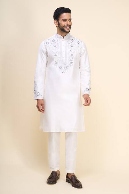 Arihant Rai Sinha White Silk Embroidery, Mirrors Floral And Work Kurta Set Online at Aza Fashions Arihant Rai Sinha_White Silk Embroidery, Mirrors Floral And Work Kurta Set _Online_at_Aza_Fashions