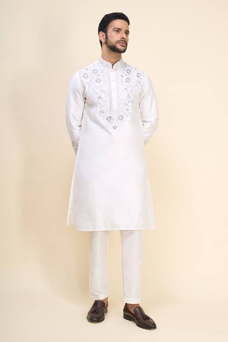 Shop Arihant Rai Sinha White Silk Embroidery, Mirrors Floral And Work Kurta Set Online at Aza Fashions Shop_Arihant Rai Sinha_White Silk Embroidery, Mirrors Floral And Work Kurta Set _Online_at_Aza_Fashions