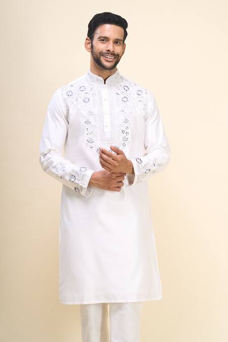Arihant Rai Sinha White Silk Embroidery, Mirrors Floral And Work Kurta Set at Aza Fashions Arihant Rai Sinha_White Silk Embroidery, Mirrors Floral And Work Kurta Set _at_Aza_Fashions