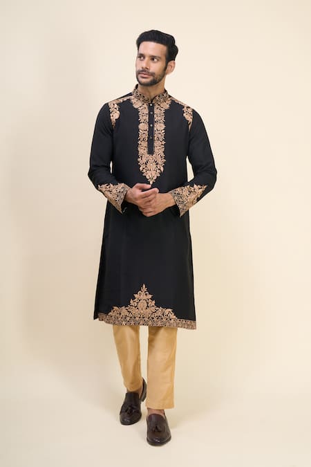 Buy Arihant Rai Sinha Black Silk Embroidery Floral And Mirror Work Kurta Set Online at Aza Fashions Buy_Arihant Rai Sinha_Black Silk Embroidery Floral And Mirror Work Kurta Set _Online_at_Aza_Fashions