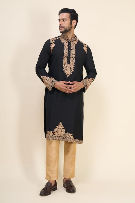 Shop Arihant Rai Sinha Black Silk Embroidery Floral And Mirror Work Kurta Set Online at Aza Fashions Shop_Arihant Rai Sinha_Black Silk Embroidery Floral And Mirror Work Kurta Set _Online_at_Aza_Fashions