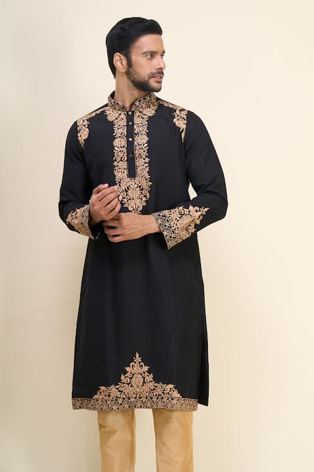 Arihant Rai Sinha Black Silk Embroidery Floral And Mirror Work Kurta Set at Aza Fashions Arihant Rai Sinha_Black Silk Embroidery Floral And Mirror Work Kurta Set _at_Aza_Fashions