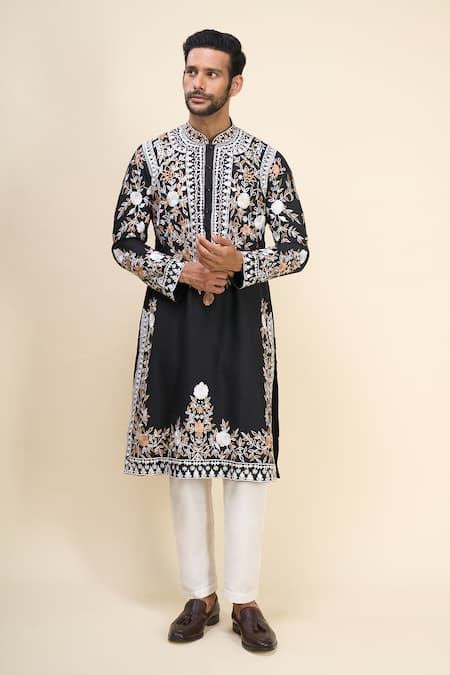 Arihant Rai Sinha_Black Silk Embroidery Floral Kurta Set _Online_at_Aza_Fashions