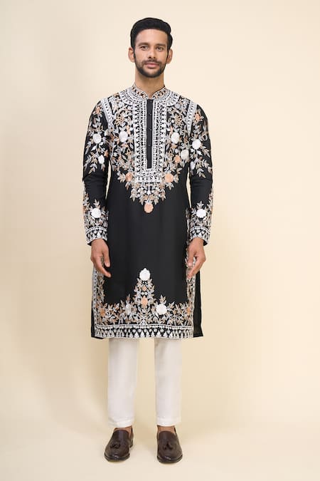 Buy_Arihant Rai Sinha_Black Silk Embroidery Floral Kurta Set _Online_at_Aza_Fashions