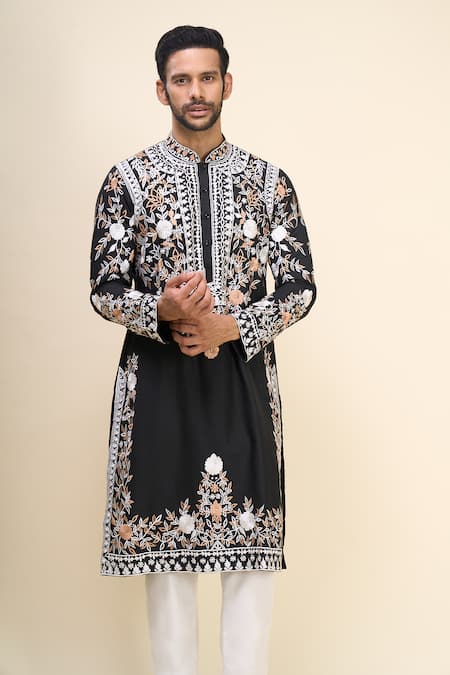 Shop_Arihant Rai Sinha_Black Silk Embroidery Floral Kurta Set _Online_at_Aza_Fashions