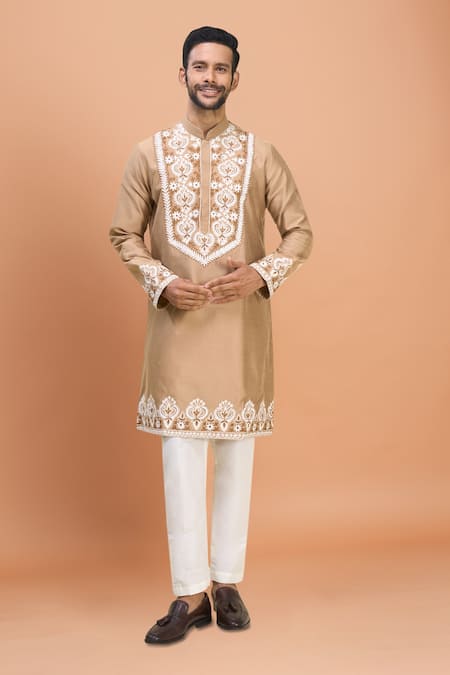 Arihant Rai Sinha Beige Silk Embroidery Floral Kurta Set 