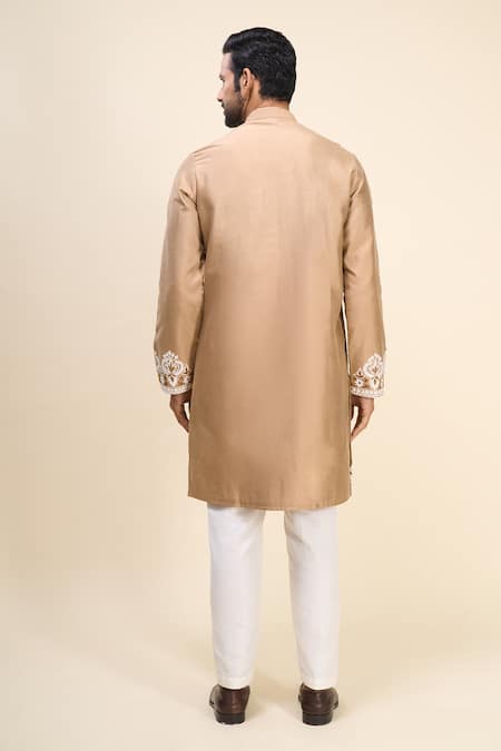 Shop Arihant Rai Sinha Beige Silk Embroidery Floral Kurta Set at Aza Fashions Shop_Arihant Rai Sinha_Beige Silk Embroidery Floral Kurta Set _at_Aza_Fashions