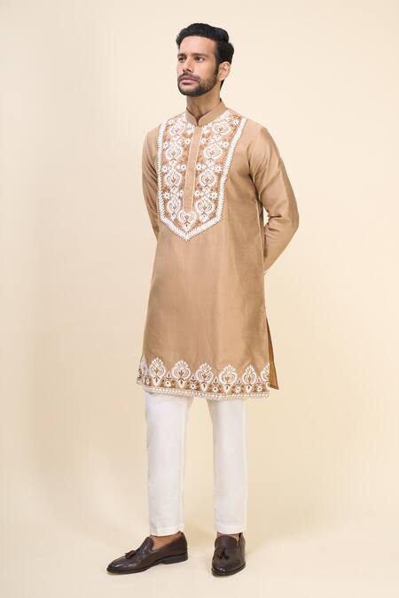 Shop Arihant Rai Sinha Beige Silk Embroidery Floral Kurta Set Online at Aza Fashions Shop_Arihant Rai Sinha_Beige Silk Embroidery Floral Kurta Set _Online_at_Aza_Fashions