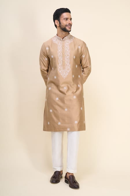 Shop Arihant Rai Sinha Beige Silk Embroidery Floral Kurta Set Online at Aza Fashions Shop_Arihant Rai Sinha_Beige Silk Embroidery Floral Kurta Set _Online_at_Aza_Fashions