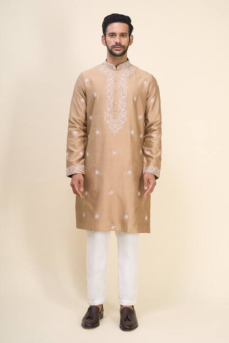 Arihant Rai Sinha Beige Silk Embroidery Floral Kurta Set at Aza Fashions Arihant Rai Sinha_Beige Silk Embroidery Floral Kurta Set _at_Aza_Fashions