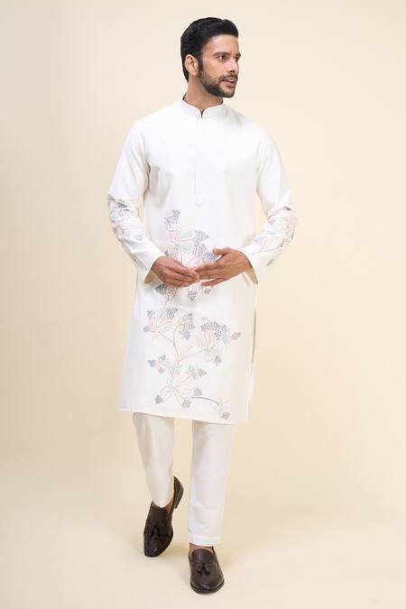 Shop_Arihant Rai Sinha_Off White Silk Embroidery Floral Kurta Set _Online_at_Aza_Fashions