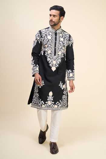 Shop Arihant Rai Sinha Black Silk Embroidery Floral Kurta With Pant Online at Aza Fashions Shop_Arihant Rai Sinha_Black Silk Embroidery Floral Kurta With Pant _Online_at_Aza_Fashions