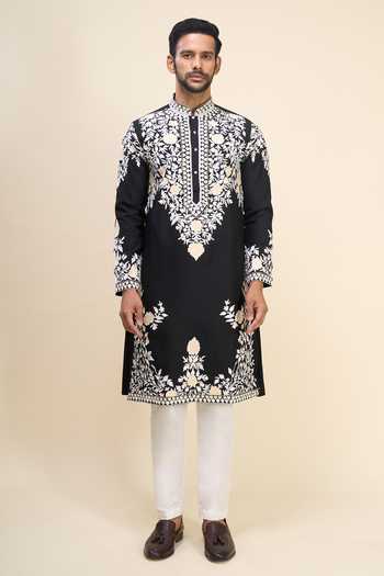 Arihant Rai Sinha Black Silk Embroidery Floral Kurta With Pant at Aza Fashions Arihant Rai Sinha_Black Silk Embroidery Floral Kurta With Pant _at_Aza_Fashions