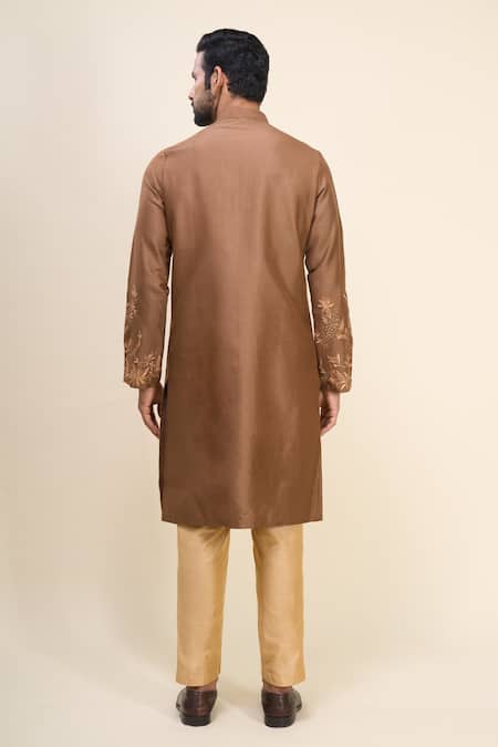 Shop Arihant Rai Sinha Brown Silk Embroidery Kurta Pant Set at Aza Fashions Shop_Arihant Rai Sinha_Brown Silk Embroidery Kurta Pant Set _at_Aza_Fashions