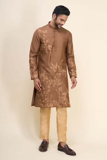 Shop Arihant Rai Sinha Brown Silk Embroidery Kurta Pant Set Online at Aza Fashions Shop_Arihant Rai Sinha_Brown Silk Embroidery Kurta Pant Set _Online_at_Aza_Fashions