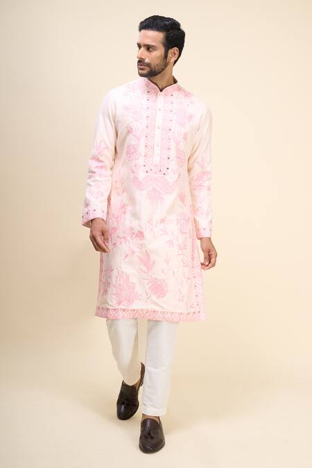 Shop_Arihant Rai Sinha_Pink Silk Embroidery Paisley And Floral Kurta Set _Online_at_Aza_Fashions