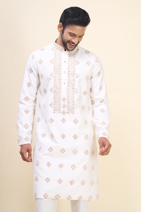 Buy_Arihant Rai Sinha_White Silk Embroidery, Mirrors And Floral Kurta Set _Online_at_Aza_Fashions