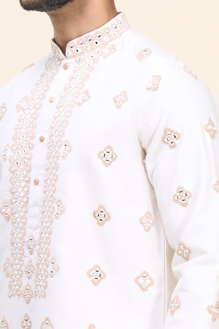 Shop_Arihant Rai Sinha_White Silk Embroidery, Mirrors And Floral Kurta Set _Online_at_Aza_Fashions