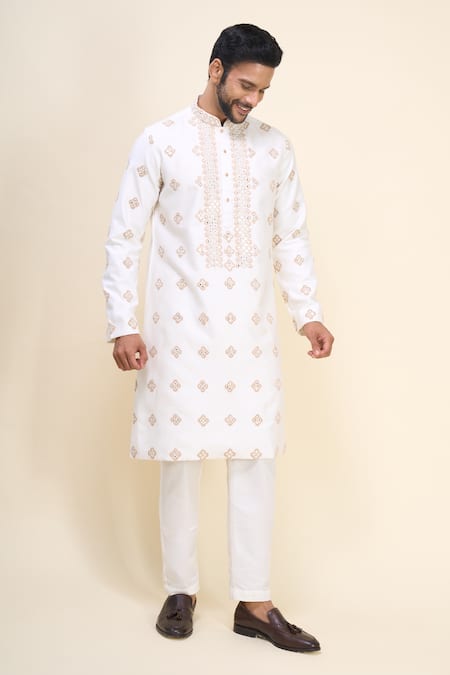 Arihant Rai Sinha_White Silk Embroidery, Mirrors And Floral Kurta Set _at_Aza_Fashions