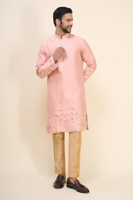 Shop_Arihant Rai Sinha_Coral Silk Embroidery Full Sleeve Kurta Pant Set _Online_at_Aza_Fashions