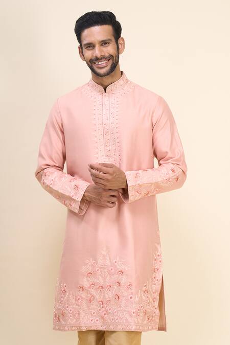 Arihant Rai Sinha_Coral Silk Embroidery Full Sleeve Kurta Pant Set _at_Aza_Fashions